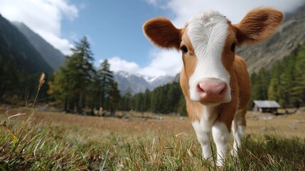 A cow is standing in a grassy field in front of a mountain range