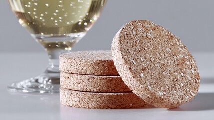 A set of cork coasters sits on a table next to a wine glass