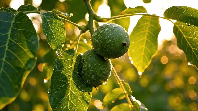 Walnut Tree Branch with Fresh Green Walnuts in Sunlight.