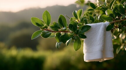 A white towel is hanging on a tree branch