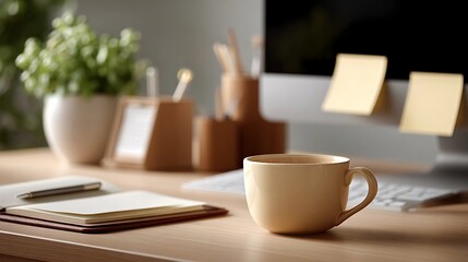 A desk with a computer monitor, a cup of coffee, and a notebook