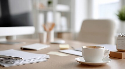 A desk with a computer monitor, a cup of coffee, and a notebook