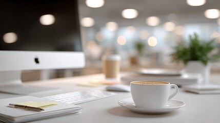 A desk with a computer monitor, a cup of coffee, and a notebook
