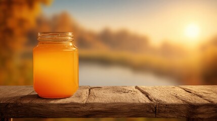 Golden Honey Jar Shines on Rustic Wooden Podium Against a Blurry Farmhouse Background During Sunrise