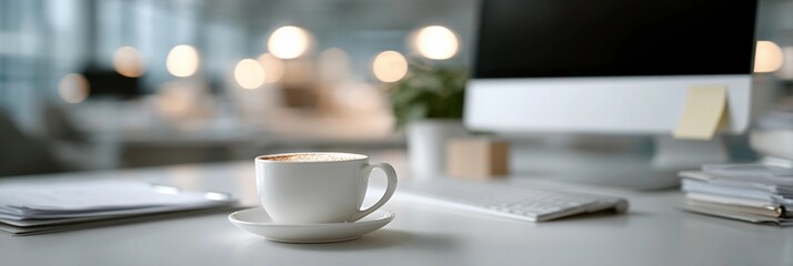 A desk with a computer monitor, a cup of coffee, and a notebook