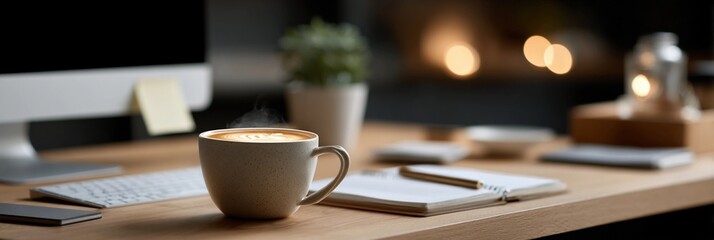 A desk with a computer monitor, a cup of coffee, and a notebook