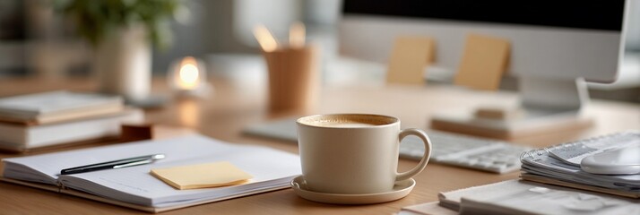 A desk with a computer monitor, a cup of coffee, and a notebook
