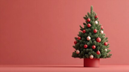 A Christmas tree with red and gold ornaments sits in front of a red wall