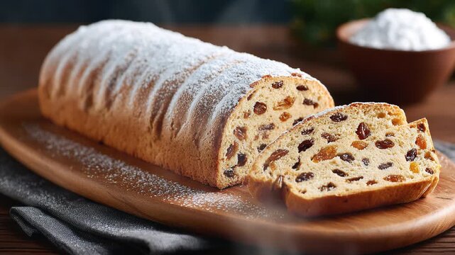 Stollen or Dense fruit bread dusted with powdered sugar on the table with smoke