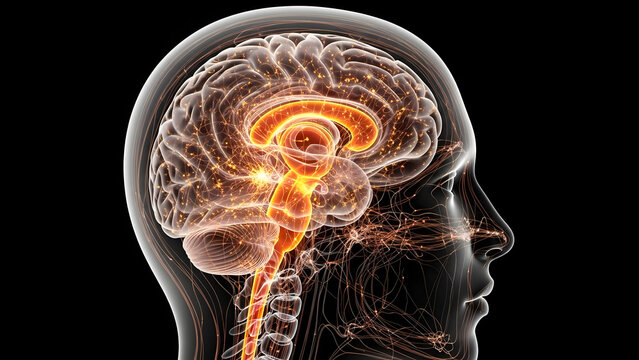 Brilliant brain activity visualization for neuroscience research and medical education, showcasing connections and neural pathways in a transparent human head anatomy