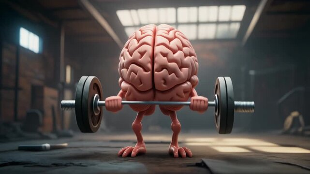 3D animated brain character lifting weights in a gym, symbolizing mental strength and cognitive fitness.
