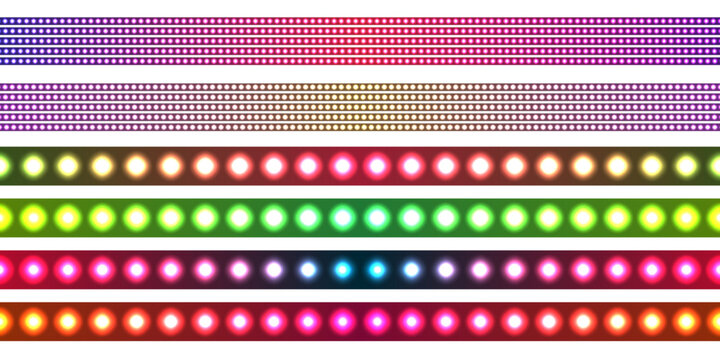 Collection of LED light strips in various colors and arrangements, including lines of small dots and larger, glowing orbs, against a vector transparent background.