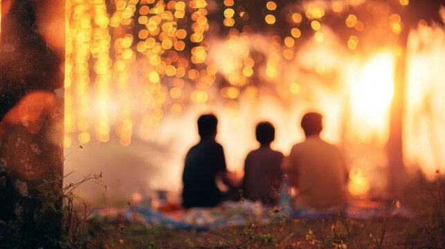 Friends enjoy a cozy evening surrounded by warm lights and nature