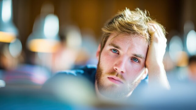 Student studying in a library feeling stressed and overwhelmed with work - Powered by Adobe