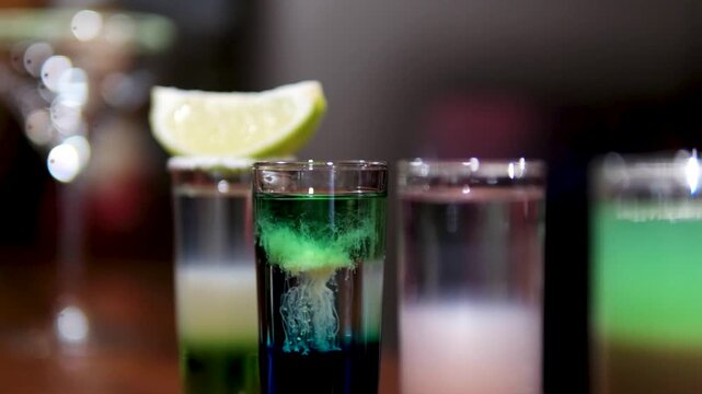 Vibrant layers of colorful shots display a creative mixology masterpiece. Each glass captures light beautifully while showcasing a spectrum of colors, igniting excitement in lively bar atmosphere.