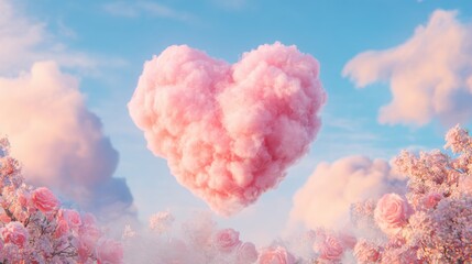 Fototapeta premium Pink heart-shaped cloud floats above blooming roses on a sunny day