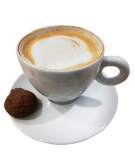 Delicious cappuccino in a white porcelain cup with cookies isolated