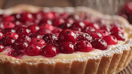 Closeup of a delicious homemade cherry tart being dusted with powdered sugar showcasing the vibrant red cherries and creamy filling in a rustic setting perfect for dessert and baking themes.