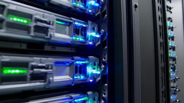 blackgloved hand swapping hard drive in server bay with blue status lights and tight rack aisle framing, tactile action highlighting technical skill and careful hardware