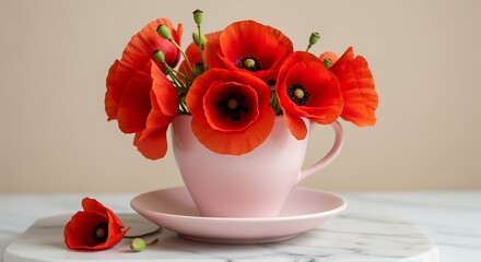 Vibrant red poppies arranged in a delicate pink teacup on marble flowers floral arrangement