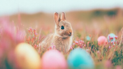 Cute rabbit surrounded by colorful eggs in a spring field