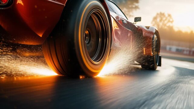 sports car rear wheel sparking on asphalt, tire emitting shower of glowing embers and sparks, low angle motion blur, sunrise backlight, high speed cornering,