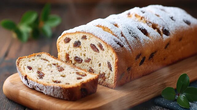 Stollen or Dense fruit bread dusted with powdered sugar on the table with smoke
