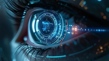 Cyber Vision: A captivating close-up of an eye augmented with futuristic digital interfaces, representing the intersection of technology and human perception. - Powered by Adobe