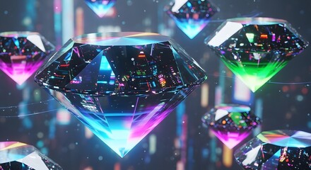 A collection of shimmering diamonds floating in a vibrant and colorful digital space background scene