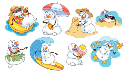 Cute summer snowmen relaxing on the beach: one floating in a ring, one applying sunscreen, one building a sand snowman, others surfing, swimming, dancing hula, eating ice cream and sunbathing