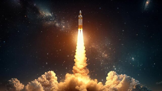 Rocket launch through cloud and galaxy, blazing exhaust and towering plume rising above billowing clouds under vivid Milky Way and distant nebula, warm engine