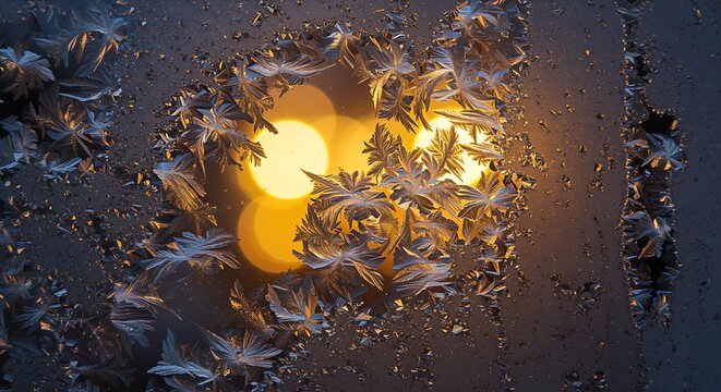 Frost patterns on window with blurred yellow lights background texture - Powered by Adobe