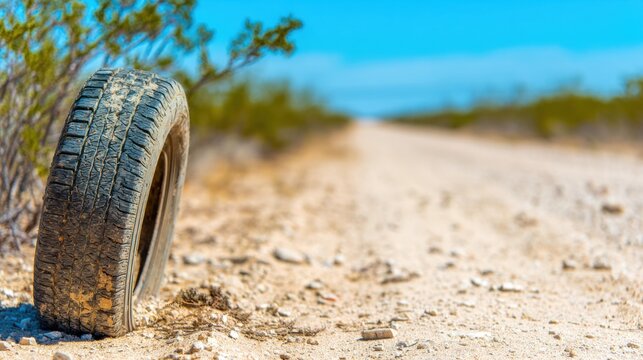 Old tire rests beside a deserted dirt road under a clear blue sky