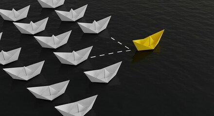 Yellow paper boat leads white paper boats across dark water yellow boat white boats