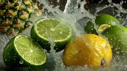 Dynamic tropical fruit splash with vibrant limes, lemons, and pineapple getting a fresh water rinse in a lively, clean food prep scene - Powered by Adobe