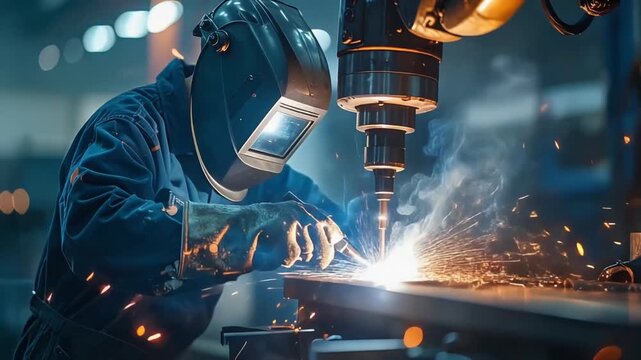 Welder at Work: A skilled welder focuses intently, the arc illuminating the details of the metal, showcasing the craft and precision of modern manufacturing.