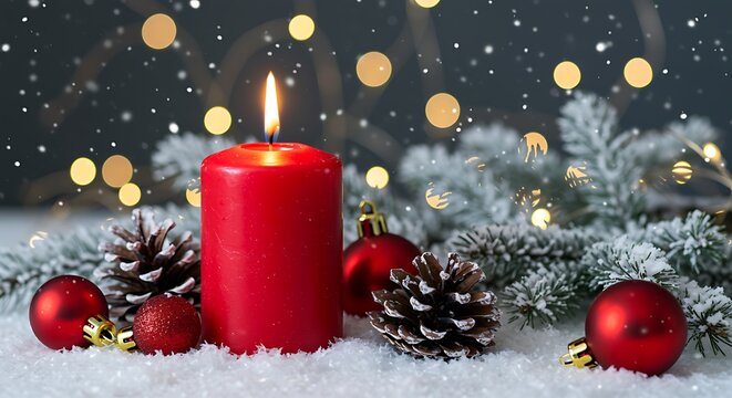 Red candle burning with pine cones and ornaments in snow Christmas burning candle