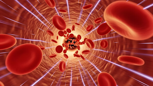 Flowing red blood cells through a blood vessel, ideal for medical or health science content, showcasing vital life processes within the human body