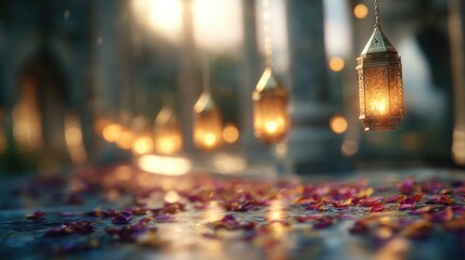 Obraz premium Lanterns glow warmly under the arches at sunset, surrounded by flower petals