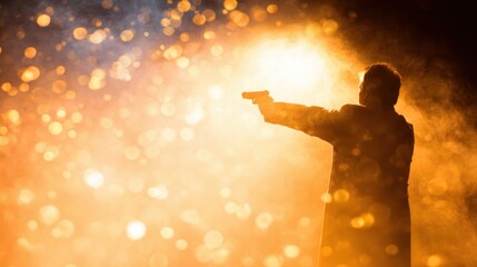 Man firing a gun in a dramatic scene with bright sparks at night