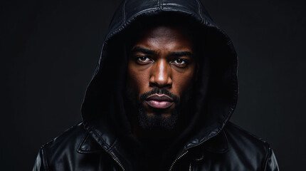 Portrait of African American rapper in black leather jacket with dramatic lighting.	
