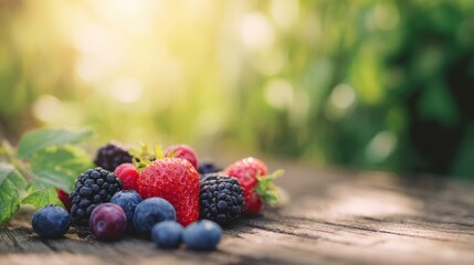 Fresh berries on a wooden table in a sunny garden during summer