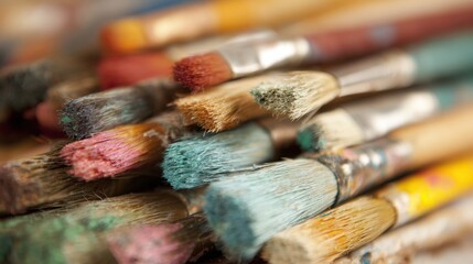Collection of colorful paintbrushes resting on a table in an art studio