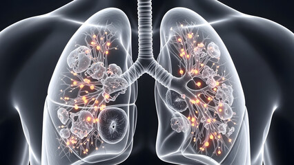 Detailed 3D anatomical illustration of a human respiratory system with tumors, ideal for medical research, educational materials, or health awareness campaigns