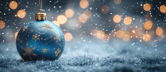 Blue Christmas bauble over the snowy background with copy space