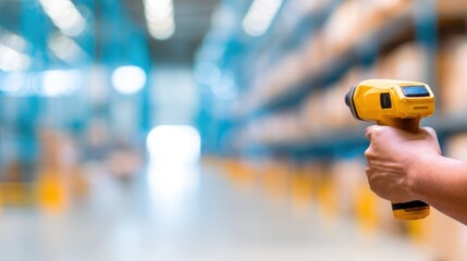 Worker uses scanner to check inventory in a large warehouse