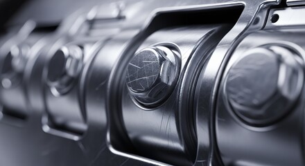 Close-up of a row of shiny metal bolts and industrial components, showcasing precision engineering and mechanical details.