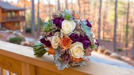 Beautiful autumn wedding bouquet resting on wooden railing in nature