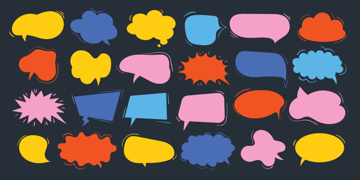 Colorful hand drawn speech bubbles set for marketing, communication, and social media design. Modern doodle talk clouds in comic style on dark background.