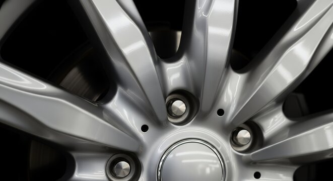 Close-up of a shiny silver car wheel with visible lug nuts and spokes, showcasing automotive detail. - Powered by Adobe